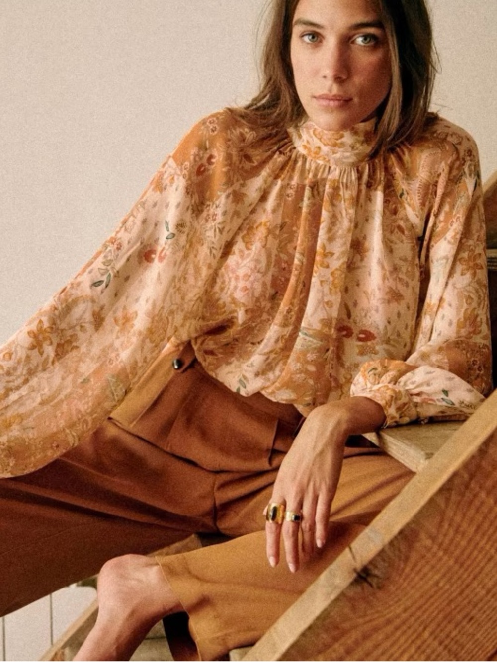 SEZANE Orange Tan Boho Floral Patchwork Flowy Chiffon Tie Back Solange Blouse - Picture 8 of 17